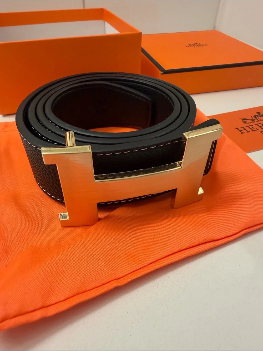 Hermès Black Leather H Buckle Belt Gold Hardware w/ Box